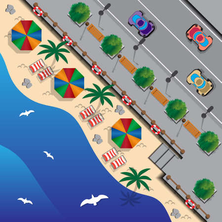 Beach in the city. Umbrellas and lounge chairs on the beachfront. Summer holiday. View from above. Vector illustration.のイラスト素材