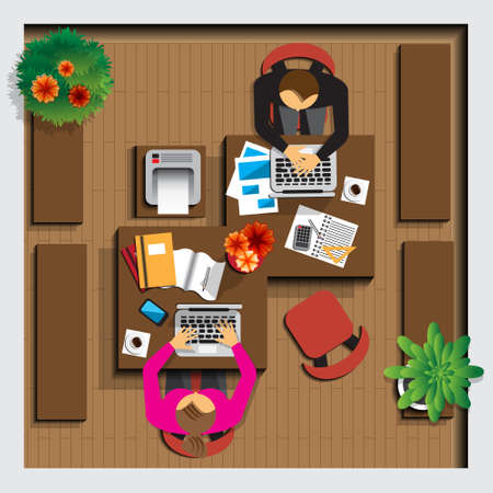 Working in the office. Top view. Vector illustration.のイラスト素材