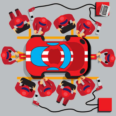 Maintenance of a racing car. View from above. Vector illustration.のイラスト素材
