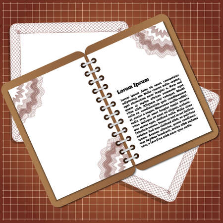 Notepad on a brown background. Template for menu cafe. Vector illustration.のイラスト素材