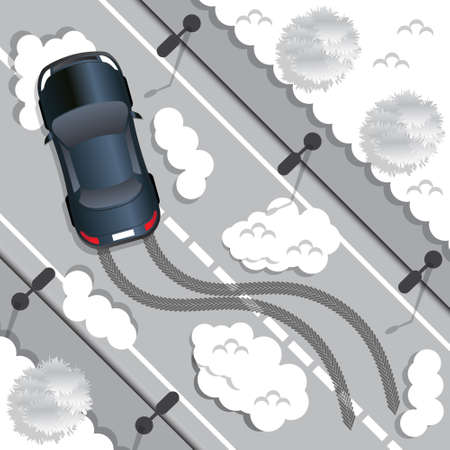 The car rides on a slippery road. View from above. Vector illustration.のイラスト素材