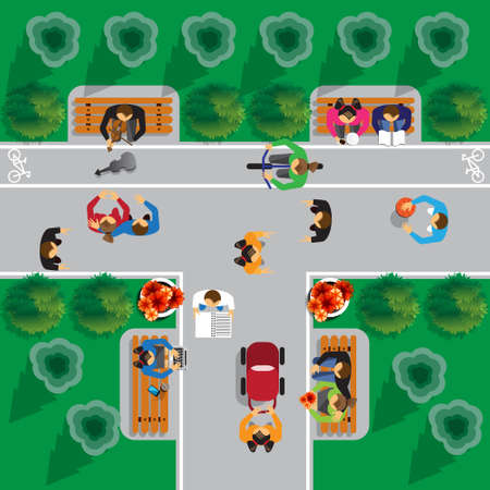 People walking on the street. Top view. Vector illustration.のイラスト素材