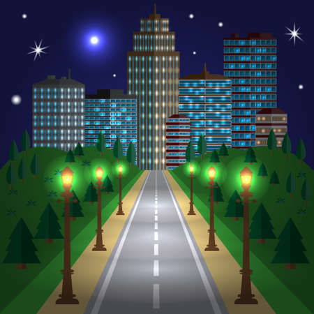 The road to the city at night. Vector illustration.のイラスト素材