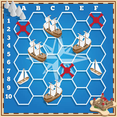 Battleship. Sailboats. Isometric. Vector design for app game user interface.のイラスト素材