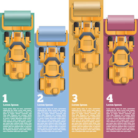 Set of road rollers with colored strips. View from above. Business brochure design template. Vector illustration.のイラスト素材