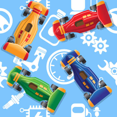 Sports cars on the background of car icons. Seamless pattern. Vector illustration.のイラスト素材