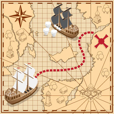 Pirate map with the route to the treasures. Isometric. Vector illustration.のイラスト素材