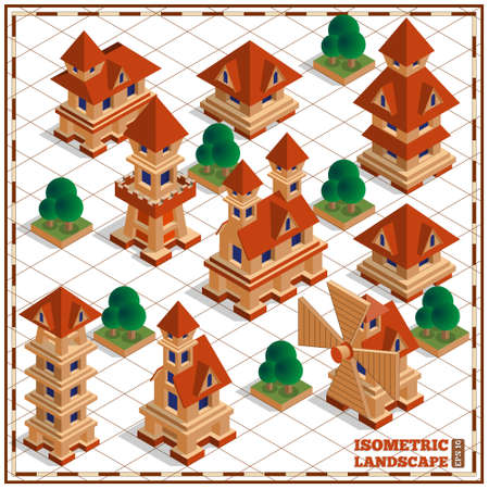 Medieval city on a white background. illustration. Isometric.のイラスト素材