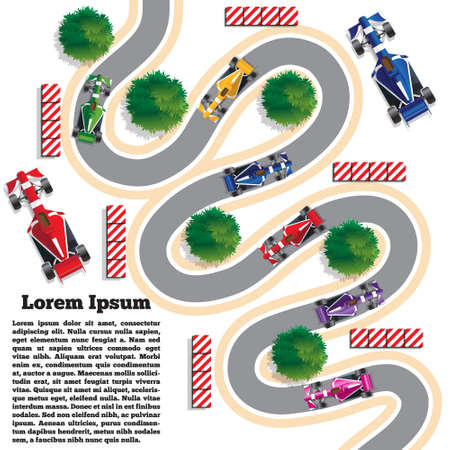 Sports cars on a winding road. View from above. The template for the presentation. Vector illustration.のイラスト素材