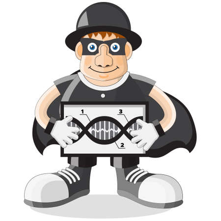 The secret agent is holding a DNA molecule in his hands. Isolated on white background. Vector illustration.のイラスト素材