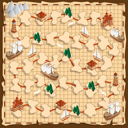 Board game on the old map. Isometric. Vector illustration.のイラスト素材