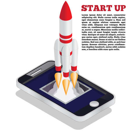 Launching a spacecraft from mobile phone. Vector illustration. Isometric.のイラスト素材