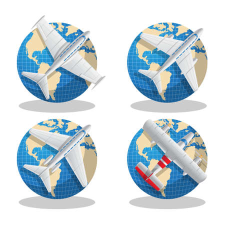 A set of aircraft on globes. Vector illustration. Isolated on white background.のイラスト素材