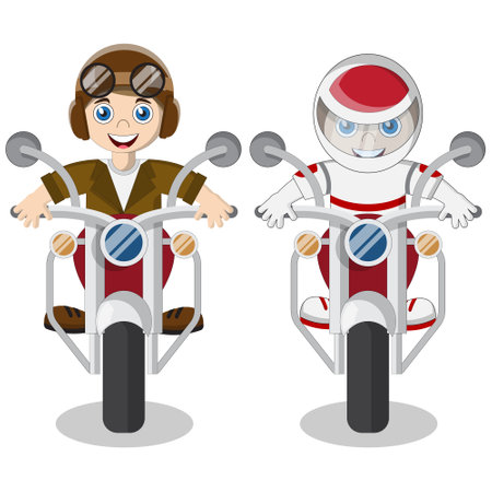 A set of boys on motorcycles. Isolated on white background. Vector illustration.のイラスト素材