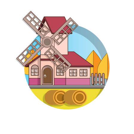 Mill on the autumn landscape. Isolated on white background. Vector illustration.のイラスト素材