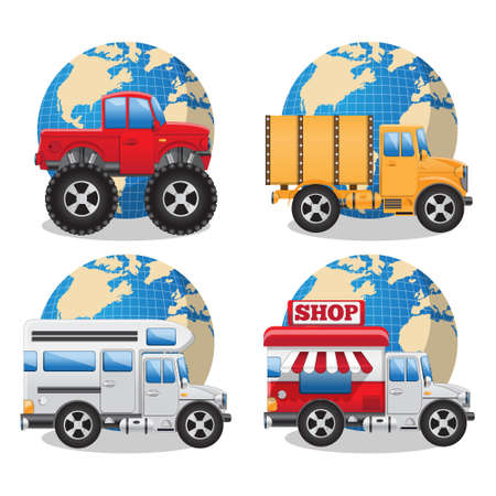 Different cars on the background of the globe. Vector illustration. Isolated on white background.のイラスト素材