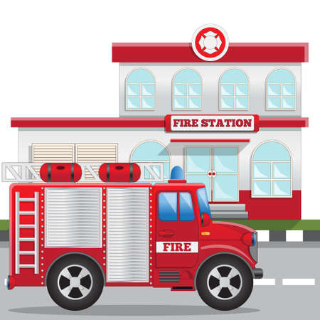 Fire station. Side view. Vector illustration. Isolated on white background.