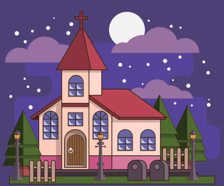 Night cemetery. Church. Vector illustration.のイラスト素材
