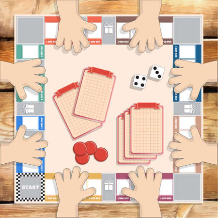 A board game on a wooden table. View from above. Vector illustration.のイラスト素材