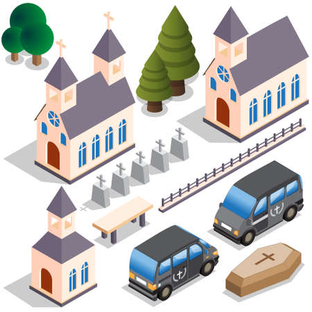 Set for the cemetery. isometric. isolated on white background. vector illustration.のイラスト素材