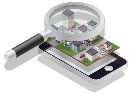 City in a mobile phone. isometric. isolated on white background. vector illustration.のイラスト素材
