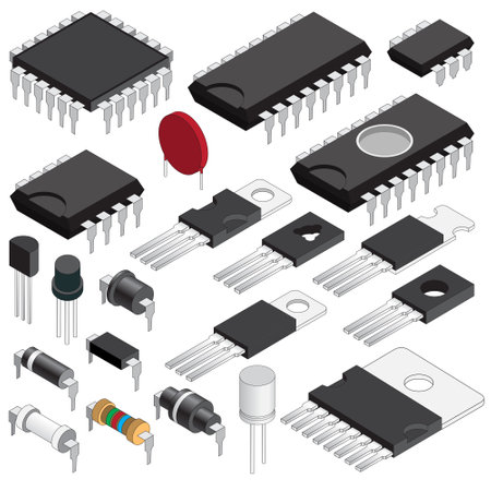 A set of electronic components. isometric. Isolated on white background. Vector illustration.のイラスト素材