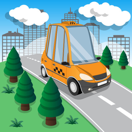 Taxi on the background of the city. Vector illustration.のイラスト素材