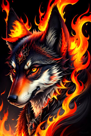 The wolf's face is on fire. Dark background. Stylized illustration. The image was created using AI.の素材
