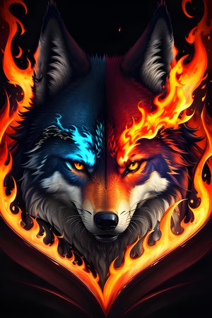 The wolf's face is on fire. Dark background. Stylized illustration. The image was created using AI.の素材