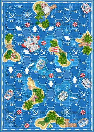 Race track near the islands. Board game. Marine theme. View from above. Vector illustration.のイラスト素材