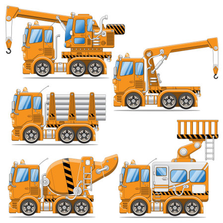 Set of cars for construction. Side view Isolated on white background. Vector illustration.のイラスト素材