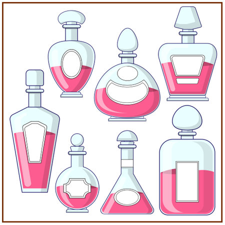 A set of bottles for perfumery. Isolated on white background. Vector illustration.のイラスト素材