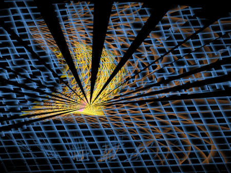 Three dimentional composition of glowing squares, lines and shape elements  in space. Science and technology concept. Fractal gepmetry.の写真素材