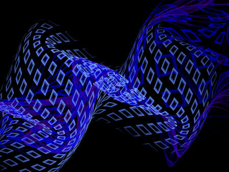 Three dimensional composition of glowing squares, lines and shape elements  in space. Science and technology concept. Fractal geometry.の写真素材