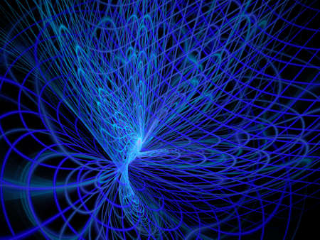 Three dimensional composition of glowing squares, lines and shape elements  in space. Science and technology concept. Fractal geometry.の写真素材