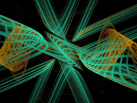 Three dimensional composition of glowing squares, lines and shape elements  in space. Science and...