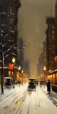 Digital painting of a snow covered street in Paris during a snowfall, generative aiの素材