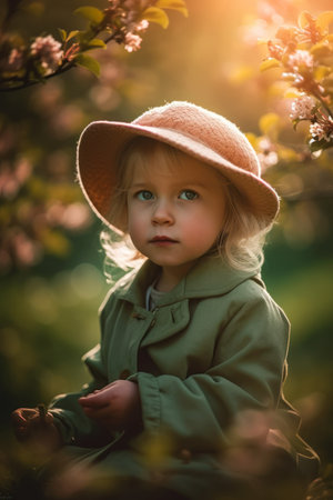 Portrait of a beautiful little girl in a hat in a spring blooming garden., generative aiの素材