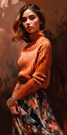Portrait of a beautiful young girl in an orange sweater and skirt, generative aiの素材