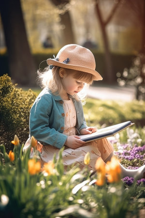 Cute little girl in hat and denim jacket sitting in the garden and reading a book. Early spring., generative aiの素材