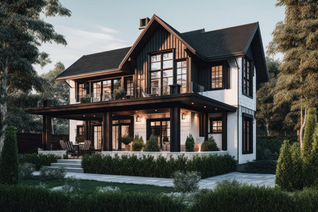 rendering of modern cozy clinker house on the ponds with garage and pool for sale or rent. Clear summer evening with golden light from window., generative aiの素材