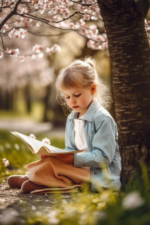 Adorable little girl reading a book in a blooming spring garden, generative aiの素材