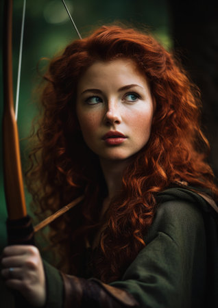 Portrait of a beautiful red-haired girl with bow and arrow, generative aiの素材