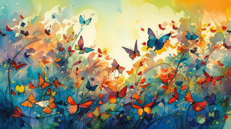 Abstract floral background with butterflies. Watercolor painting. Digital illustration., generative aiの素材