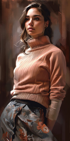 Portrait of a beautiful girl in a beige sweater on a dark background, generative aiの素材