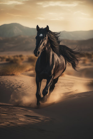 Black horse running in the desert at sunset. Motion blur effect., generative aiの素材