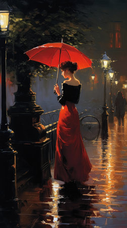 Girl in a red dress with an umbrella in a puddle., generative aiの素材