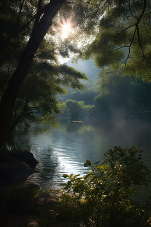 Beautiful scenery of a lake and trees in the morning at hong kong, generative aiの素材