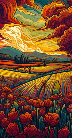 Landscape with field of tulips and bridge at sunset. Vector illustration., generative aiの素材