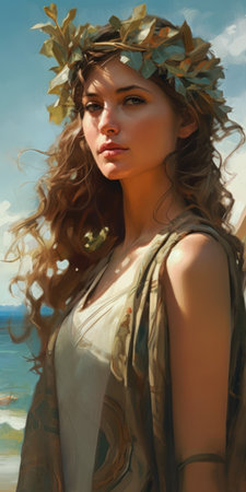 girl with a wreath of leaves on her head on the beach, generative aiの素材